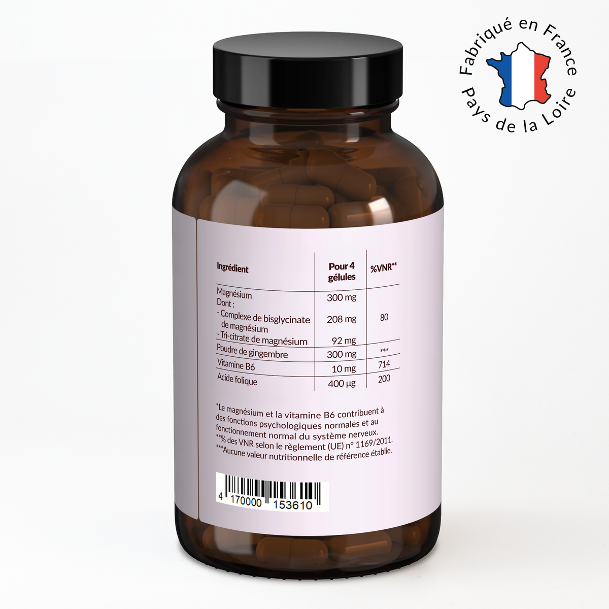Vue détaillée sur la composition des gélules Le calme prend racine d'Hormonella : magnésium, gingembre, vitamine B6, acide folique