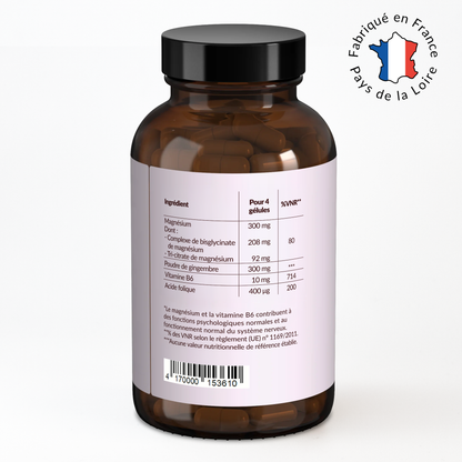 Vue détaillée sur la composition des gélules Le calme prend racine d'Hormonella : magnésium, gingembre, vitamine B6, acide folique