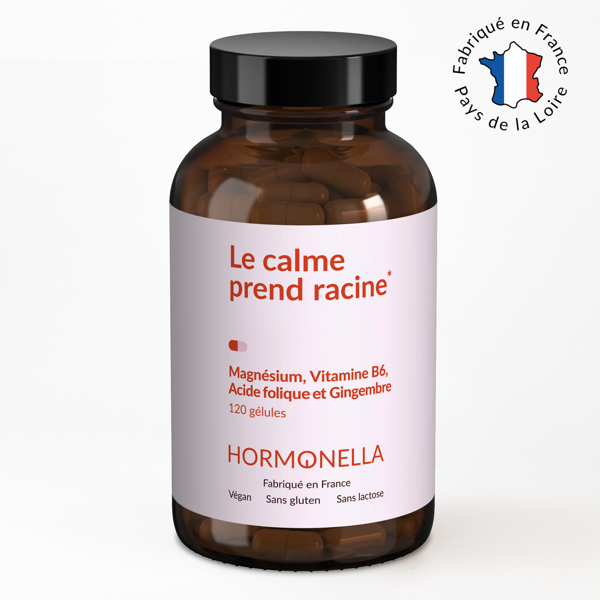 Aperçu du produit Hormonella Le calme prend racine à base de magnésium, vitamine B6, acide folique et gingembre