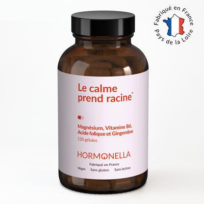 Aperçu du produit Hormonella Le calme prend racine à base de magnésium, vitamine B6, acide folique et gingembre